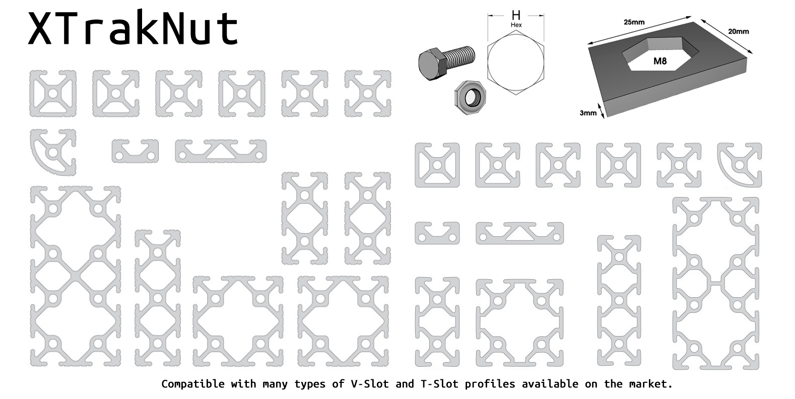 1x Xtraknut M8 Hex Bolt and Nut Adapter for 40 Series 4040 4080 T-Slot Extrusion Aluminium Profile Track Channel